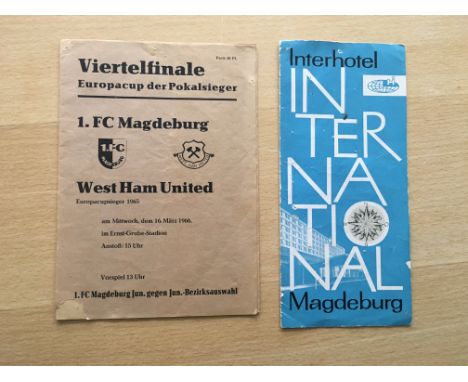 1966 ECWC Magdeburg v West Ham Players Programme: Tiny piece missing from bottom left corner and pin holes but still good wit