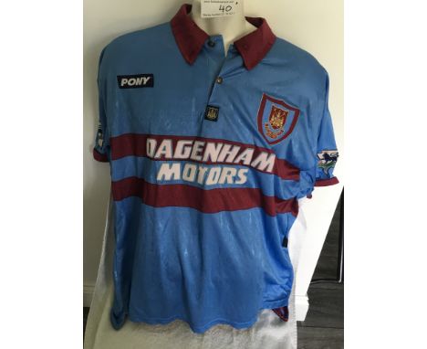 Tony Cottee West Ham Match Worn 95/96 Away Football Shirt: Pony Dagenham Motors collared light blue shirt with two claret str