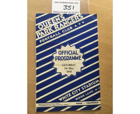 31/32 QPR v Bristol Rovers Football Programme: Fair to good condition programme from the first season at White City Stadium d