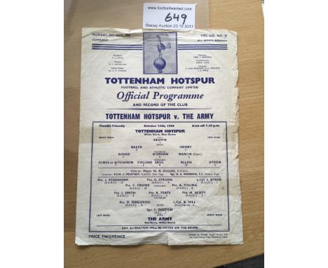 60/61 Tottenham v The Army Football Programme: Hard to obtain friendly dated 24/10/1960 with no team changes but a few pieces