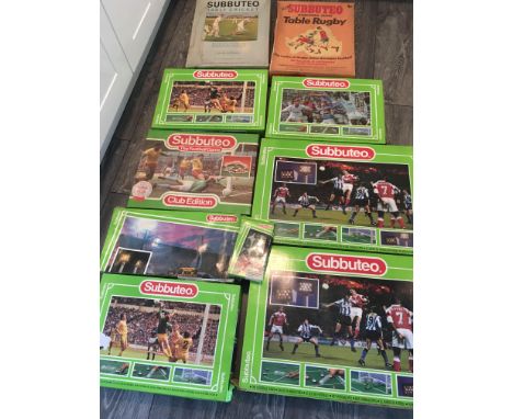 Subbuteo Football Collection: 7 boxes of the game which usually include two teams, nets, pitch etc. Some come with flood ligh