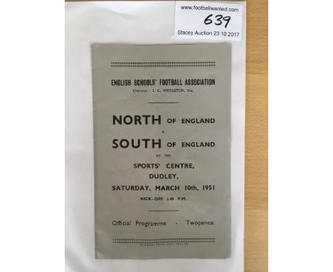 Duncan Edwards Schools 1951 Football Programme: Played at Dudley Sports Centre this 4 page North of England v South of Englan