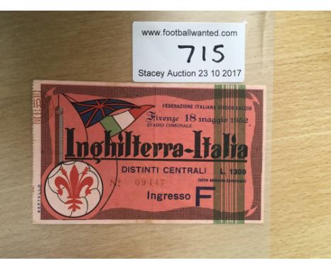 1952 Italy v England Football Ticket: Played in Florence on 18 5 1952. Good with light fold.