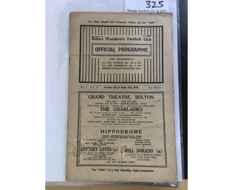 1935/36 Bolton Wanderers Football Programme: Covers first two matches of the season v Brentford and Sheffield Wednesday. Exce