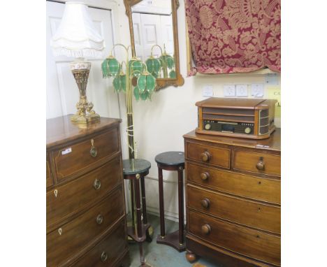 A brass standard lamp with green glass shades, two plant stands, a brass table lamp and Zennox record player (5) Condition Re