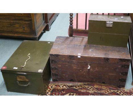 A metal bound trunk "The Hon Mrs Douglas", 38cm high x 76cm wide x 37cm deep and two metal filing boxes (3) Condition Report:
