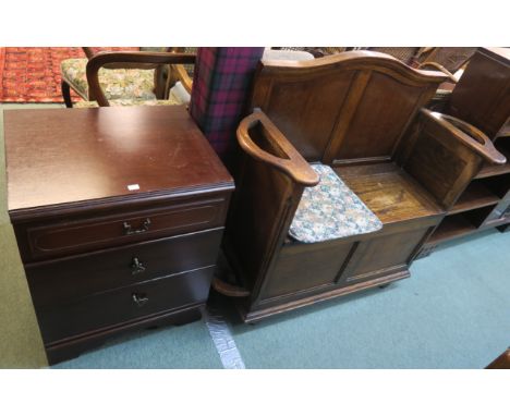 An oak hall bench with lidded seat, 94cm high x 99cm wide x 39cm deep and a reproduction three drawer chest (2) Condition Rep