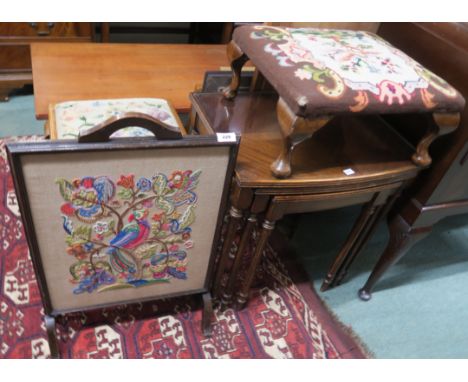 A piano stool, stool, firescreen and a nest of tables (4) Condition Report: Available upon request