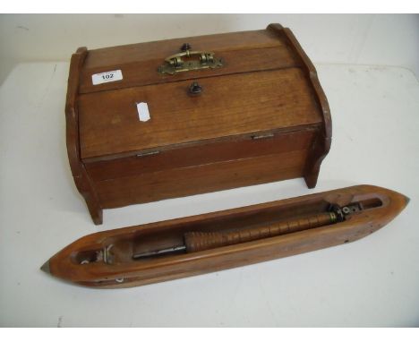 Early 20th C oak two sectional sewing type boxes with fitted interior, a weaving shuttle and a boxed Corinthian bagatelle boa