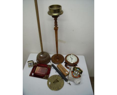 Red velvet and gilt metal photograph frame, brass sundial, smokers stand, carved oak clock case, selection of various silver 