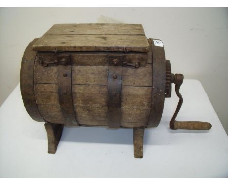 Vintage butter type churn with hand turning mechanism and wrought metal strap work (wormed) 
