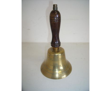 Vintage brass hand bell with turned wooden handle inscribed 'From the National Spastics Society With Appreciative Thanks Time