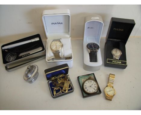 Selection of various gents wrist watches mostly Pulsar, Sekonda etc , pocket watch, table lighter, cufflinks and a cased pock