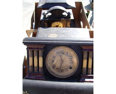 Late 19th/early 20th C wooden faux marble cased striking mantle clock by WM.L. Gilbert clock co and three similar. 