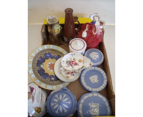 Royal Doulton figure 'Autumn Breezes', a selection of Wedgwood Jasperware, Royal Crown Derby posie pin dishes, small selectio