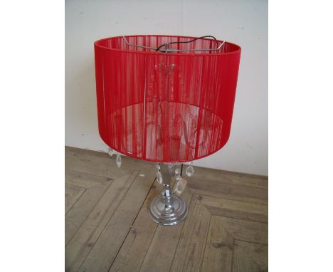 Modern silver plated four branch table lamp with red shade and cut glass sconces with drops 