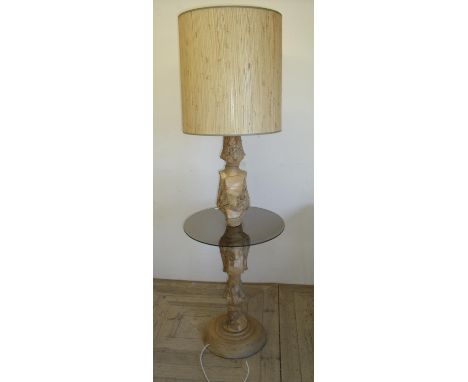 Unusual retro Studio pottery combination standard lamp/occasional table with turned circular base and leaf pattern column wit