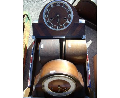 Art Deco period walnut cased Westminster chiming mantel clock, one other and two triple chime mantel clocks 