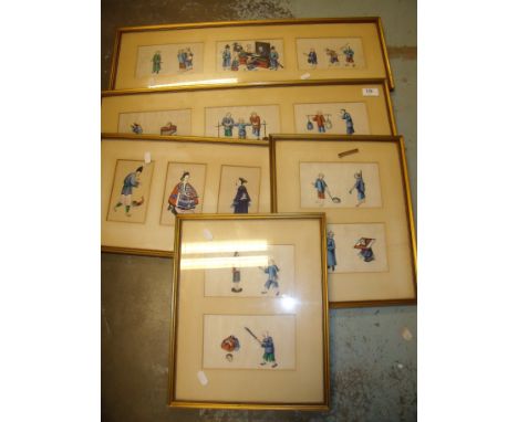 Set of five framed and mounted Chinese/Japanese rice paper style paintings and art works, mostly depicting corporate punishme