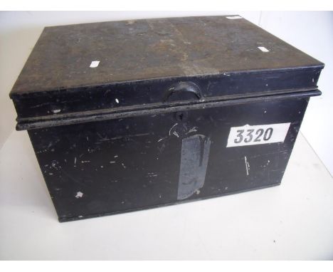 Military style japed metal rectangular small trunk with twin carrying handles and hinged top, the lock stamped Hobbs & Co Lon