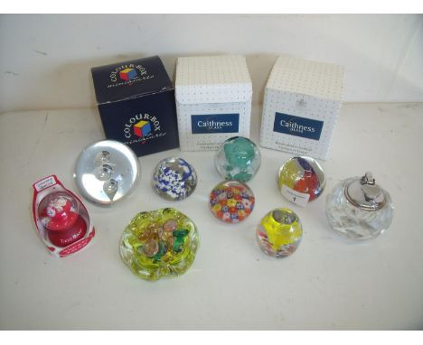 Small selection of various glass paperweights including millefiori, a brass table lighter and other glassware 