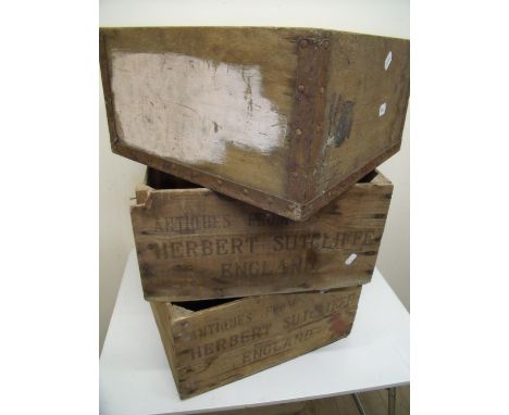 Three vintage wooden packing boxes stamped 'Antiques from Herbert Sutcliffe England' (approx. 44cm x 44cm x 23cm) 