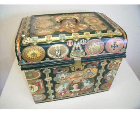 Victorian metal travelling trunk with various scrap work applied detail and brass lock stamped JMW (42cm x 32cm x 35cm) 