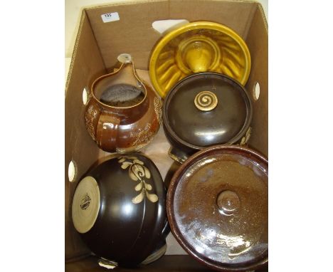 19th C Stoneware jug with hunting scenes, Denby casserole dishes, jelly mould etc 