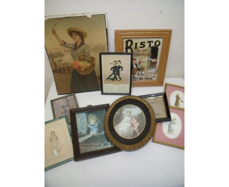 Selection of various framed pictures and prints including comical Naval officers sketch, needlework Tom Thumb as Highland Chi