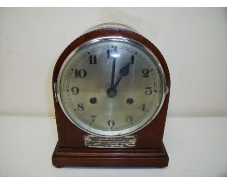 Edwardian mahogany inlaid steel faced mantle clock with presentation plaque to John Forge by D J Tonks & Sons LTD 1925, on ra