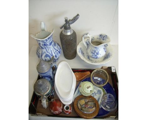 Selection of various steins, Satsuma Ware vases, Carlton Ware preserve dish, Studio glassware, vintage soda stream, framed po