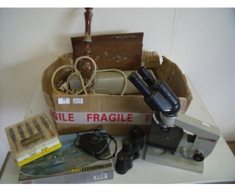 USSR No 722109 Microscope, various binoculars, Mamod type stationary engine, onyx table lamp, Airfix plane model kit etc 