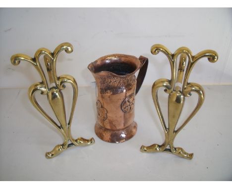 Heavy copper work Arts & Crafts style jug with loop handle mounted with various motifs marked Wilson Lye and a pair of Art No