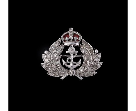 A 1950s diamond and enamel Royal Navy sweetheart brooch, the laurel leaves set with eight cut diamonds, approximately 0.74 ca