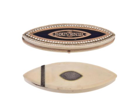 Y An oval ivory, enamel, gilt metal and half pearl toothpick case, the cover applied with Souvenir to a blue enamel backgroun