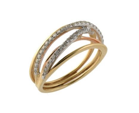 A diamond set two colour ring, with polished crossover bands and two bands set with brilliant cut diamonds, approximately 0.3