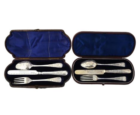 A cased Victorian silver three piece christening set by John Gilbert, Birmingham 1869, comprising of a dessert knife, fork an