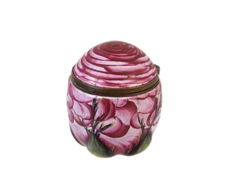 A rare South Staffordshire enamel rosebud bonbonniere, unmarked, circa 1770, painted in pink enamel, the sepals in two tones 
