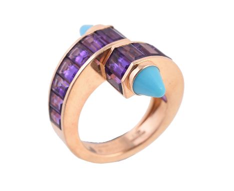 An amethyst and turquoise Menotte dress ring by Cartier, the crossover panels channel set with step cut amethyst, with polish