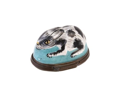 An 18th century South Staffordshire enamel rabbit box, unmarked, the base painted with a floral spray to a white ground, open