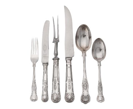 A collection of silver King's pattern flatware, comprising: Three table spoons, one by Goldsmiths & Silversmiths Co. Ltd., Lo