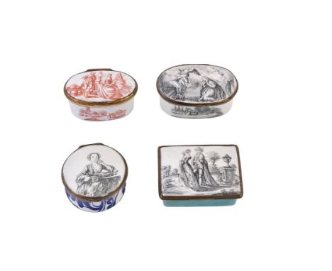 Four 18th century South Staffordshire enamel boxes, 1770 and later, the first oval box with a printed picture of the Annuncia