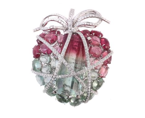 A diamond and tourmaline wrapped heart brooch, the heart shaped panel set with a central step cut watermelon tourmaline withi