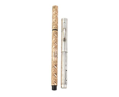 Aikin Lambert & Co., a fountain pen, circa 1904, the cap and barrel with rolled gold woven floral chased decoration, initiall