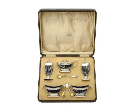 A cased silver five piece oblong cruet set by Haseler & Bill, Chester 1922, the mustard with a thumb piece to the domed cover