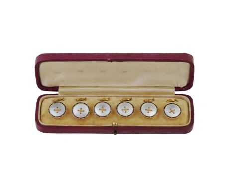Y A set of six early 20th century mother of pearl and enamel buttons, circa 1920, the circular mother of pearl panels with ro