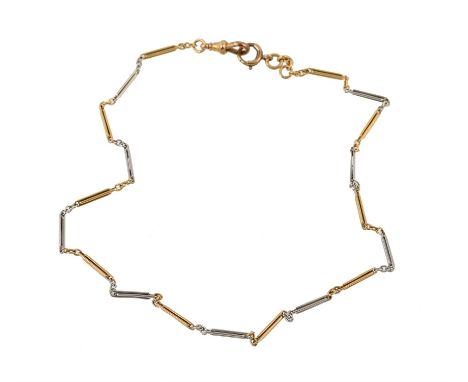An early 20th century two colour gold Albert chain, the baton links of alternating white and yellow gold, to later lobster cl