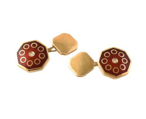A pair of red enamelled diamond cufflinks, the red enamelled octagonal panels each centred with a brilliant cut diamond, 13mm