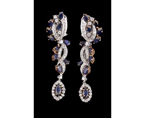 A pair of diamond and sapphire drop ear pendants, the articulated entwined panels set with brilliant cut and eight cut diamon