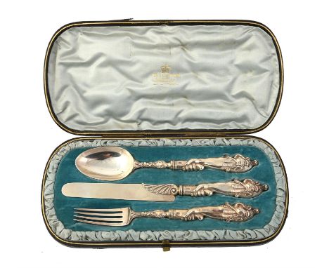 A cased Victorian silver three piece christening set by Francis Higgins II, London 1844, comprising of a dessert knife, fork 